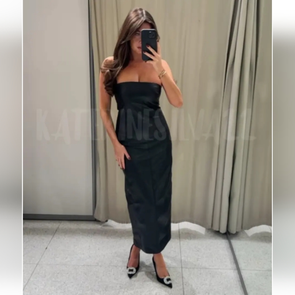 Zara Strapless Faux Leather Midi Dress - Picture 7 of 14
